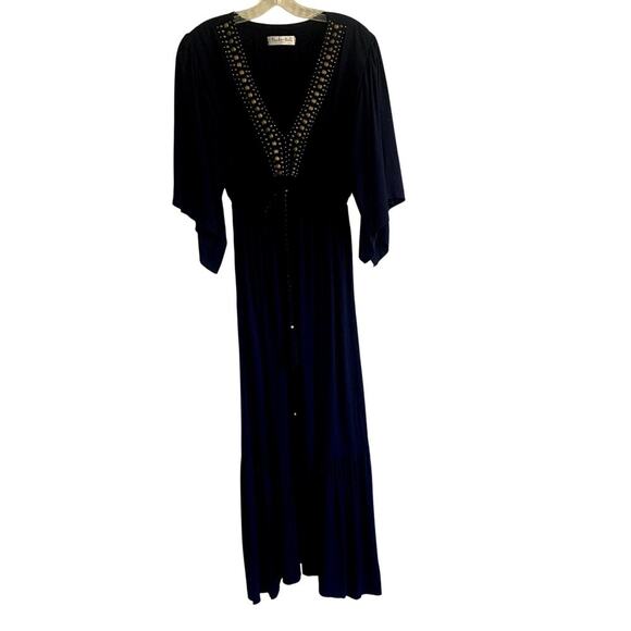 Back From Bali Blue V Neck with Embellishments Maxi Dress Short Sleeves Small - Picture 3 of 13